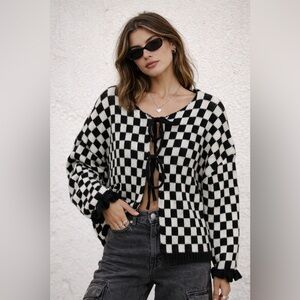 Black White Checkered Knit Cardigan Tie Front Oversized Cozy Sweater